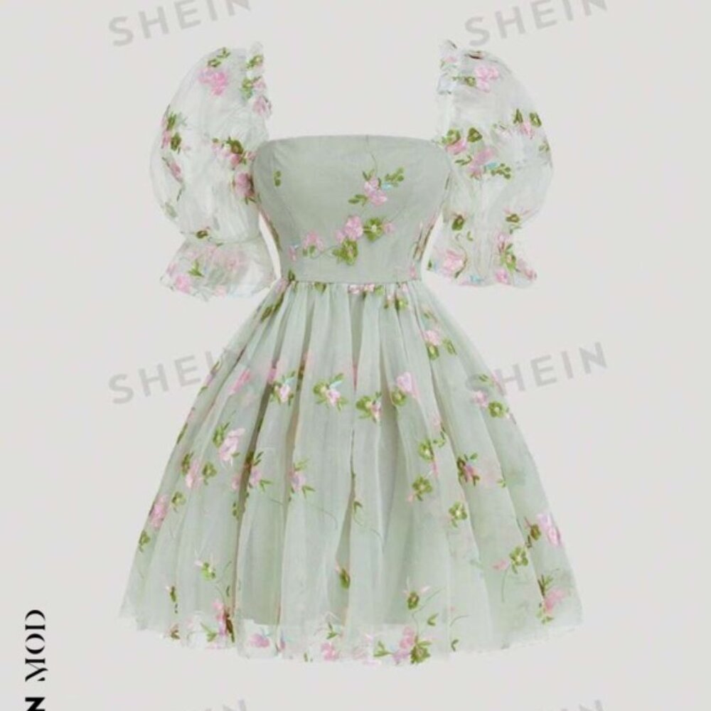 SHEIN MOD Puff Sleeve Floral Embroidery Mesh Overlay Green Summer Dress (Size S)